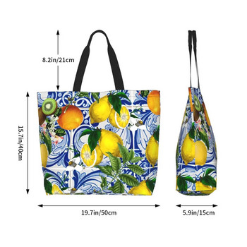 Лимон върху сини керамични плочки Пазарски чанти за хранителни стоки Платнена пазарска чанта за през рамо Голям капацитет Преносима лятна ръчна чанта с цитрусови плодове