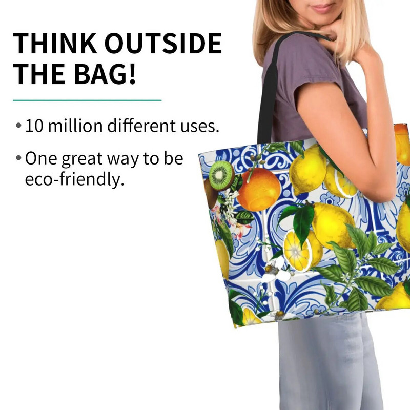 Citrina ant mėlynos keraminės plytelės Maisto prekių pirkinių krepšiai Drobė Pirkėjo nešiojamasis krepšys ant peties Didelės talpos nešiojama vasaros citrusinių vaisių rankinė
