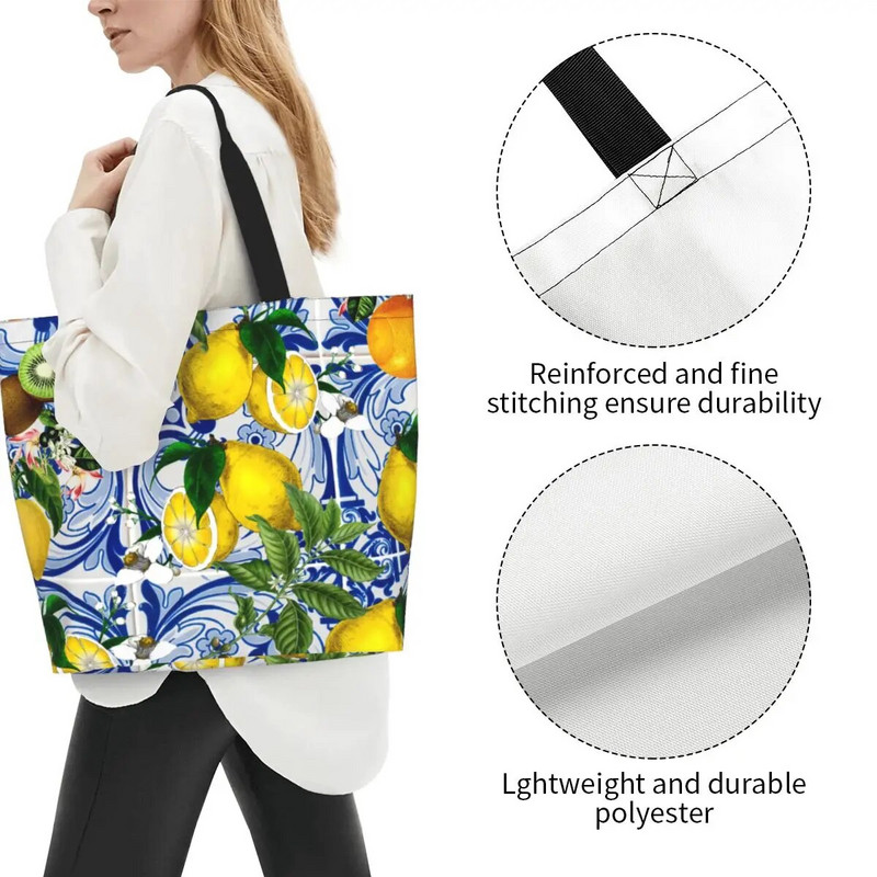 Citrina ant mėlynos keraminės plytelės Maisto prekių pirkinių krepšiai Drobė Pirkėjo nešiojamasis krepšys ant peties Didelės talpos nešiojama vasaros citrusinių vaisių rankinė