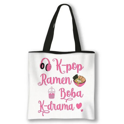 KPOP Korea Print plecu soma K-Pop Ramen Boba K-Drama Totes Somas atkārtoti lietojamas rokassomas Harajuku atkārtoti lietojamas pircēju somas