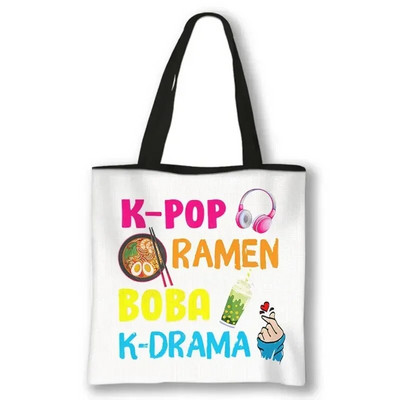 KPOP Korea Print plecu soma K-Pop Ramen Boba K-Drama Totes Somas atkārtoti lietojamas rokassomas Harajuku atkārtoti lietojamas pircēju somas