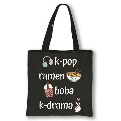 KPOP Korea Print plecu soma K-Pop Ramen Boba K-Drama Totes Somas atkārtoti lietojamas rokassomas Harajuku atkārtoti lietojamas pircēju somas