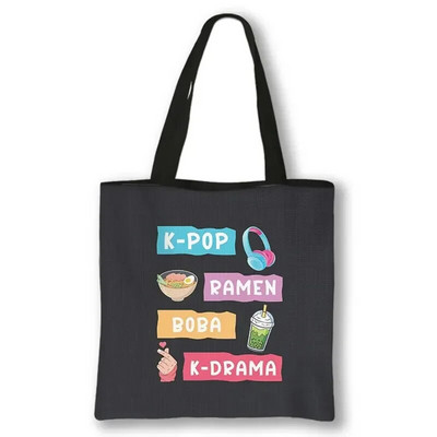 KPOP Korea Print plecu soma K-Pop Ramen Boba K-Drama Totes Somas atkārtoti lietojamas rokassomas Harajuku atkārtoti lietojamas pircēju somas