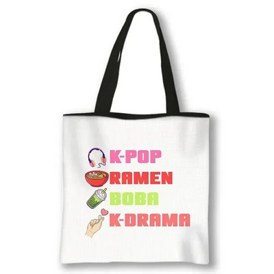 KPOP Korea Print plecu soma K-Pop Ramen Boba K-Drama Totes Somas atkārtoti lietojamas rokassomas Harajuku atkārtoti lietojamas pircēju somas