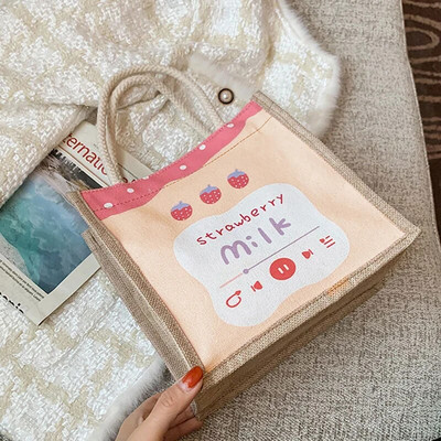 Lanena velika torba Torba za pohranu Torba za ručak Torba torba Ručna torba Bento torba Kopča na gumb Slatki cvjetni print Bento torba za hranu za piknik