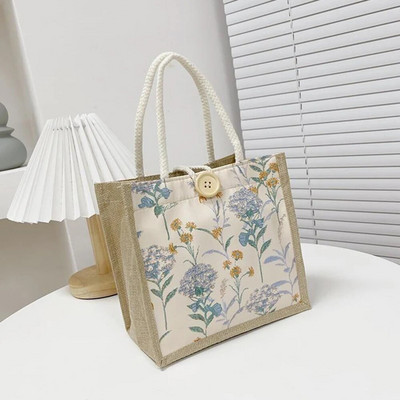 Lanena velika torba Torba za pohranu Torba za ručak Torba torba Ručna torba Bento torba Kopča na gumb Slatki cvjetni print Bento torba za hranu za piknik