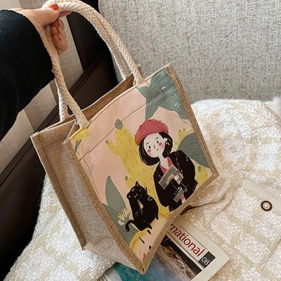 Lanena velika torba Torba za pohranu Torba za ručak Torba torba Ručna torba Bento torba Kopča na gumb Slatki cvjetni print Bento torba za hranu za piknik