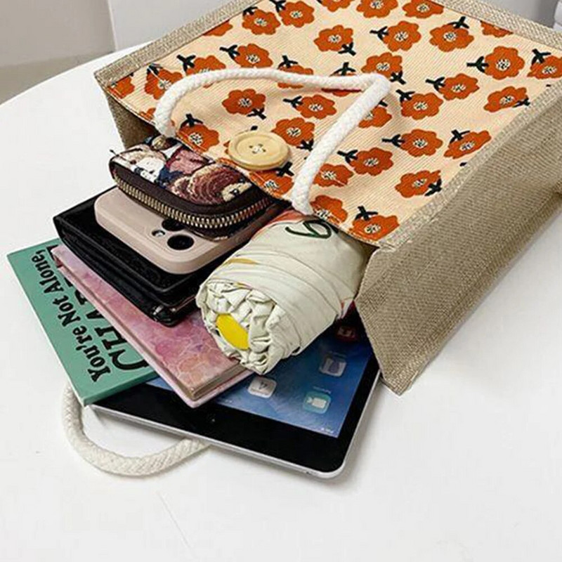 Lanena velika torba Torba za pohranu Torba za ručak Torba torba Ručna torba Bento torba Kopča na gumb Slatki cvjetni print Bento torba za hranu za piknik