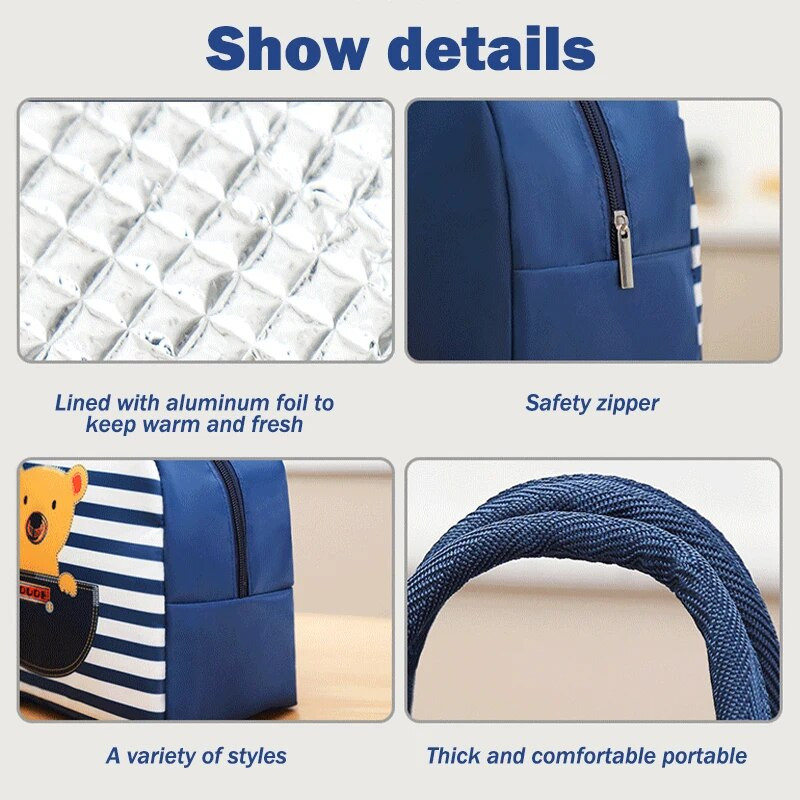 Karikatūras izolācijas pusdienu maisiņš Bērnu pusdienu maisiņš bērniem Bento maisiņš pārnēsājams alumīnija folijas pusdienu kaste atkārtoti lietojami pārtikas uzglabāšanas maisiņi