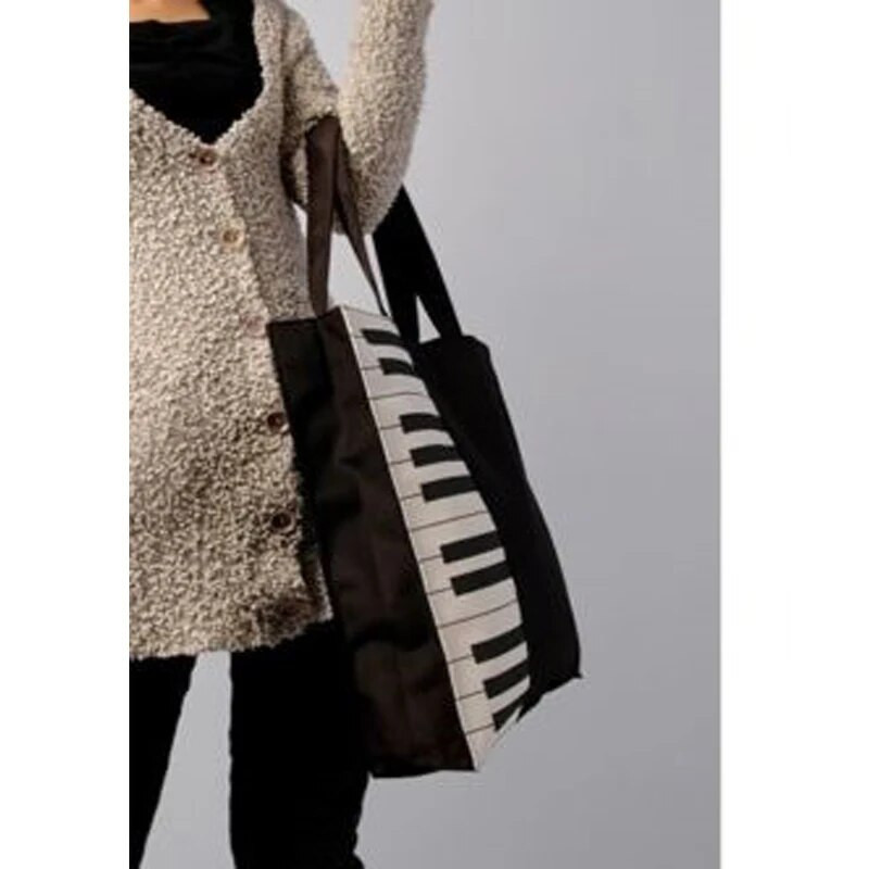 Ikdienas liela ietilpības kanvas soma, melna, balta klavieru taustiņi savvaļas pārnēsājamas rokassomu uzglabāšanas komplekts sievietēm ikdienas iepirkšanās