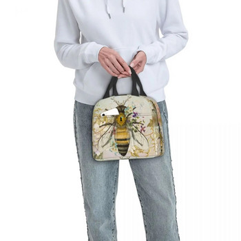 Honey Bee Винтидж портретен стил Изолирана чанта за обяд за жени Възстановяем термичен охладител Кутия за обяд Офис Пикник Пътуване