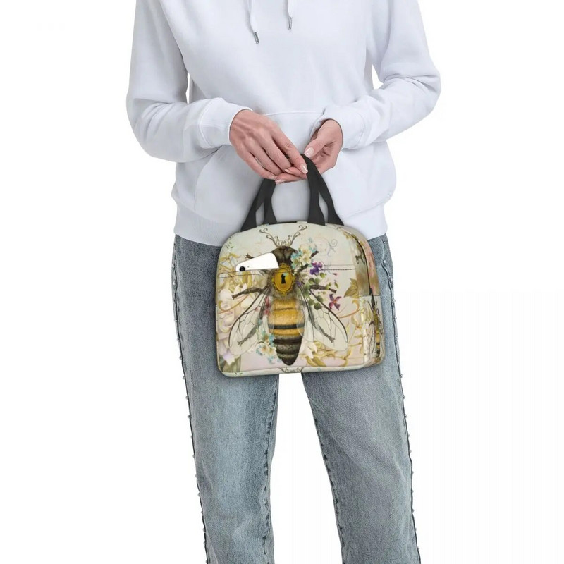 Honey Bee Vintage πορτραίτο στυλ μονωμένη τσάντα μεσημεριανού γεύματος για γυναίκες με δυνατότητα επανάληψης θερμικής ψύξης Ταξίδι για πικνίκ για μεσημεριανό ταμείο