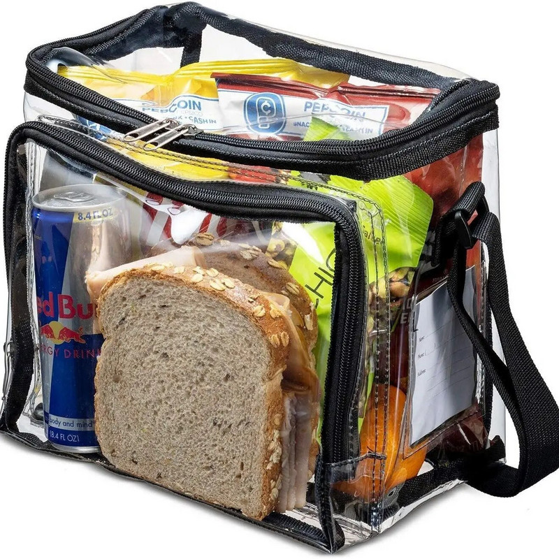 Pārrobežu PVC caurspīdīga pusdienu soma ar regulējamu siksnu priekšējā glabāšanas nodalījuma sieta kabatas tuksneša pusdienu soma