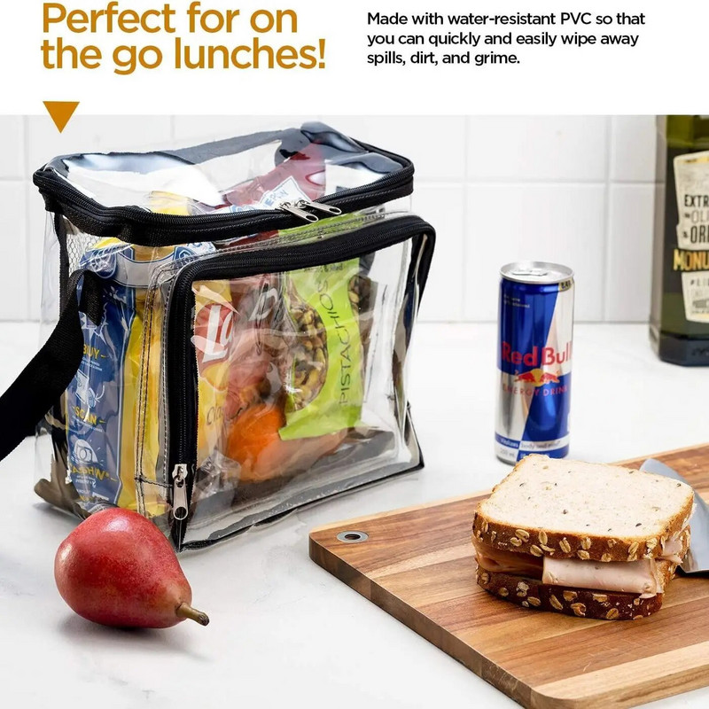 Pārrobežu PVC caurspīdīga pusdienu soma ar regulējamu siksnu priekšējā glabāšanas nodalījuma sieta kabatas tuksneša pusdienu soma