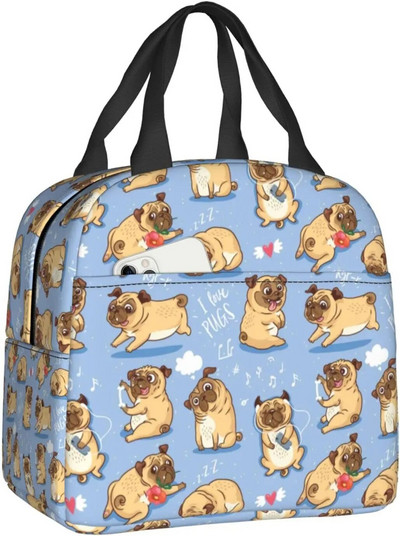 Multfilmu mopsis kucēnu pusdienu kaste meitenēm izolēta jauka pusdienu soma Skolas pusdienu somas atkārtoti lietojamas pusdienu kastes Uzkodu soma zēnu darbam