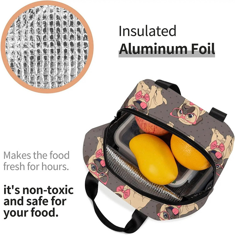 Multfilmu mopsis kucēnu pusdienu kaste meitenēm izolēta jauka pusdienu soma Skolas pusdienu somas atkārtoti lietojamas pusdienu kastes Uzkodu soma zēnu darbam