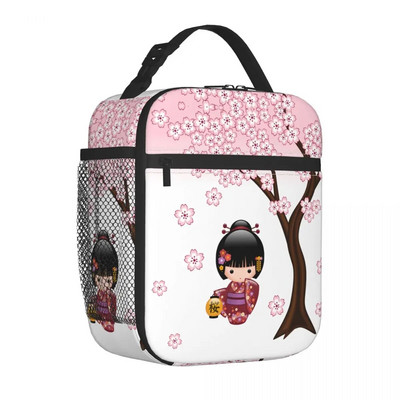 Japāņu japāņu geišu meiteņu pusdienu kastītes Aksesuāri Sakura Kokeshi lelles izolētas aukstuma somas Termiskā aukstā piknika ceļojumu pusdienu kaste
