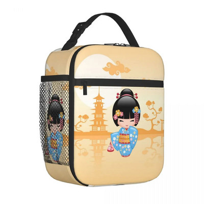 Japāņu japāņu geišu meiteņu pusdienu kastītes Aksesuāri Sakura Kokeshi lelles izolētas aukstuma somas Termiskā aukstā piknika ceļojumu pusdienu kaste