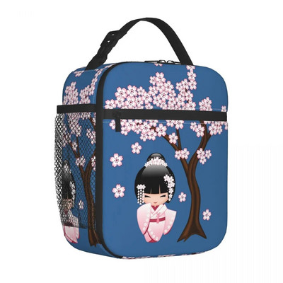Japāņu japāņu geišu meiteņu pusdienu kastītes Aksesuāri Sakura Kokeshi lelles izolētas aukstuma somas Termiskā aukstā piknika ceļojumu pusdienu kaste