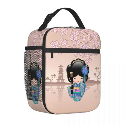 Japāņu japāņu geišu meiteņu pusdienu kastītes Aksesuāri Sakura Kokeshi lelles izolētas aukstuma somas Termiskā aukstā piknika ceļojumu pusdienu kaste