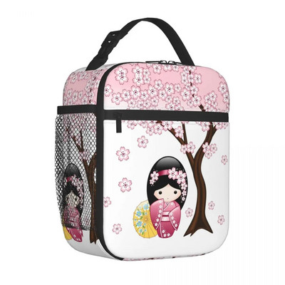 Japāņu japāņu geišu meiteņu pusdienu kastītes Aksesuāri Sakura Kokeshi lelles izolētas aukstuma somas Termiskā aukstā piknika ceļojumu pusdienu kaste