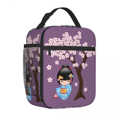 Japāņu japāņu geišu meiteņu pusdienu kastītes Aksesuāri Sakura Kokeshi lelles izolētas aukstuma somas Termiskā aukstā piknika ceļojumu pusdienu kaste