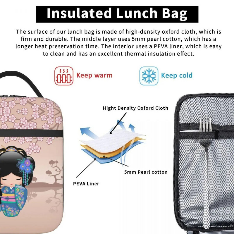 Japāņu japāņu geišu meiteņu pusdienu kastītes Aksesuāri Sakura Kokeshi lelles izolētas aukstuma somas Termiskā aukstā piknika ceļojumu pusdienu kaste