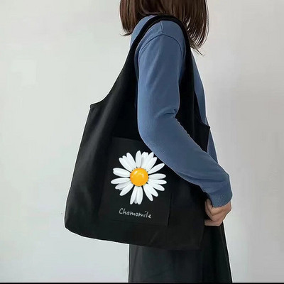 Tote Bag Sieviešu pircēju audekla soma Tīras kokvilnas pārnēsājama viena pleca iepirkumu soma Skaista apjukuma margrietiņa apdrukas rokassomiņa