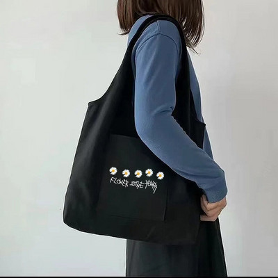 Tote Bag Sieviešu pircēju audekla soma Tīras kokvilnas pārnēsājama viena pleca iepirkumu soma Skaista apjukuma margrietiņa apdrukas rokassomiņa