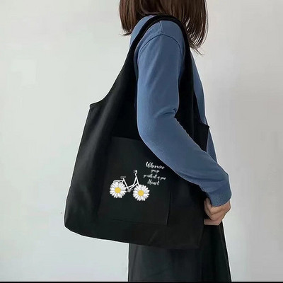 Tote Bag Sieviešu pircēju audekla soma Tīras kokvilnas pārnēsājama viena pleca iepirkumu soma Skaista apjukuma margrietiņa apdrukas rokassomiņa