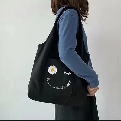 Tote Bag Sieviešu pircēju audekla soma Tīras kokvilnas pārnēsājama viena pleca iepirkumu soma Skaista apjukuma margrietiņa apdrukas rokassomiņa