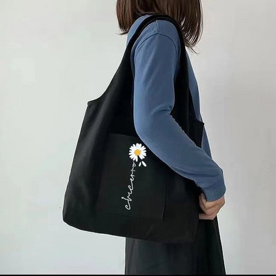 Tote Bag Sieviešu pircēju audekla soma Tīras kokvilnas pārnēsājama viena pleca iepirkumu soma Skaista apjukuma margrietiņa apdrukas rokassomiņa