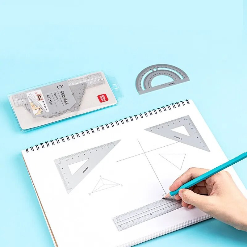 4 vienā Deli metāla lineālu kancelejas piederumu komplekts no alumīnija sakausējuma daudzfunkcionāls kombinēts lineāls Trīsstūra transportiera sakausējuma zīmējums