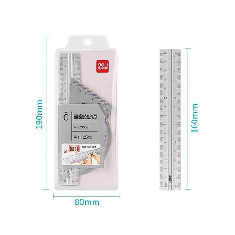 4 vienā Deli metāla lineālu kancelejas piederumu komplekts no alumīnija sakausējuma daudzfunkcionāls kombinēts lineāls Trīsstūra transportiera sakausējuma zīmējums