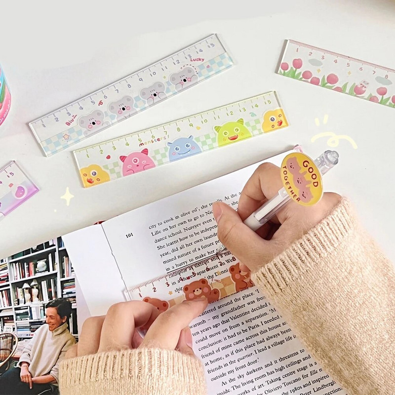 KDD jauki Kawaii mācību laika karikatūras lineāls daudzfunkcionāls zīmēšanas lineāls bērniem studentiem biroja skolas kancelejas preces