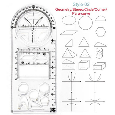 Daudzfunkcionāls ģeometriskais lineāls Ģeometriskās zīmēšanas veidnes mērīšanas rīks skolas studentu biroja arhitektūras mērīšanas noteikumam