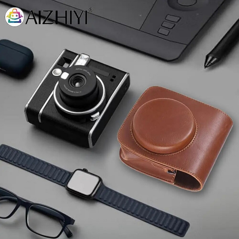 Vintage maisiņa vāka aizsargs, regulējams plecu siksna PU kameras kompaktais korpuss, kas ir pret skrāpējumiem Instax Mini 90 tūlītējai kamerai