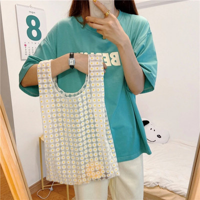 Sieviešu salokāma iepirkumu soma Eco atkārtoti lietojama soma Pārstrādā ziedu, augļu un dārzeņu pārtikas preču plecu somas Sac Fourre Tout Femme