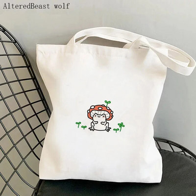 Női vásárló táska gomba aranyos béka Nyomtatott Kawaii táska Harajuku Bevásárlóvászon Shopper Bag lány kézitáska Vállas női táska