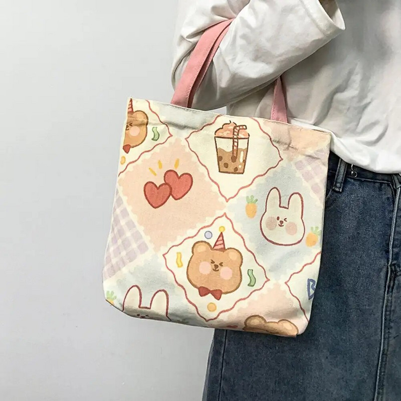 Ikdienas pārnēsājamas atkārtoti lietojamas iepirkumu somas Jauki multfilmas Lielas ietilpības rokassomas Audekla somas Adīšana Tote Bag Mode Sieviešu rokas somas