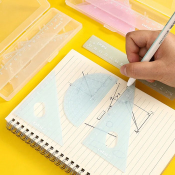 4бр./кутия желецветни линийки Триъгълник Транспортир Права линийка Математически чертеж Корейски канцеларски инструменти Инструмент за рисуване Офис консумативи