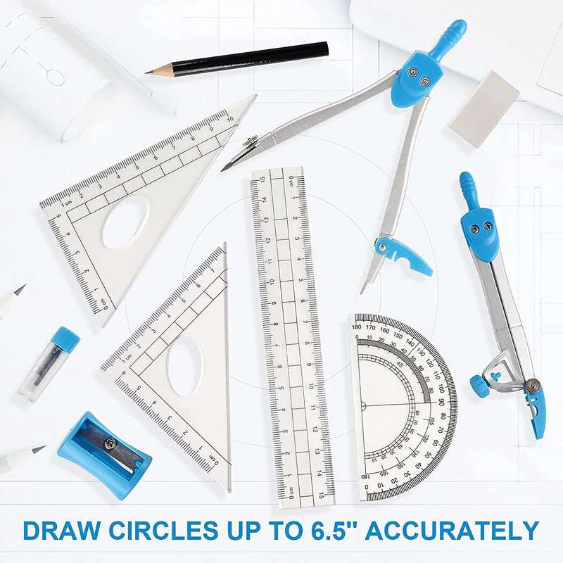 10 τμχ Geometry Kit Math Tool Kit with Compasses Σετ μοιρογνωμόνιο Γόμα μολυβιών Σετ τετράγωνο τρίγωνο χάρακα Ανταλλακτικά μολύβδου