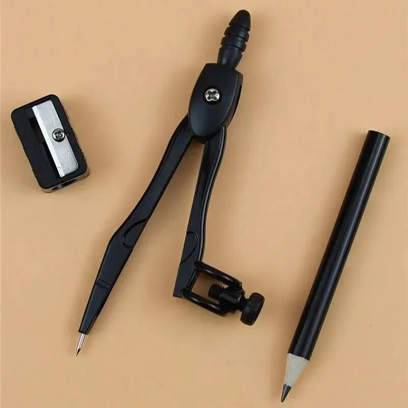 Metāla kompasi ar zīmuļu asināmo biroja skolas studentu eksāmenam, rasējums, aplis, dizains, zīmējums, rakstāmpiederumu komplekts