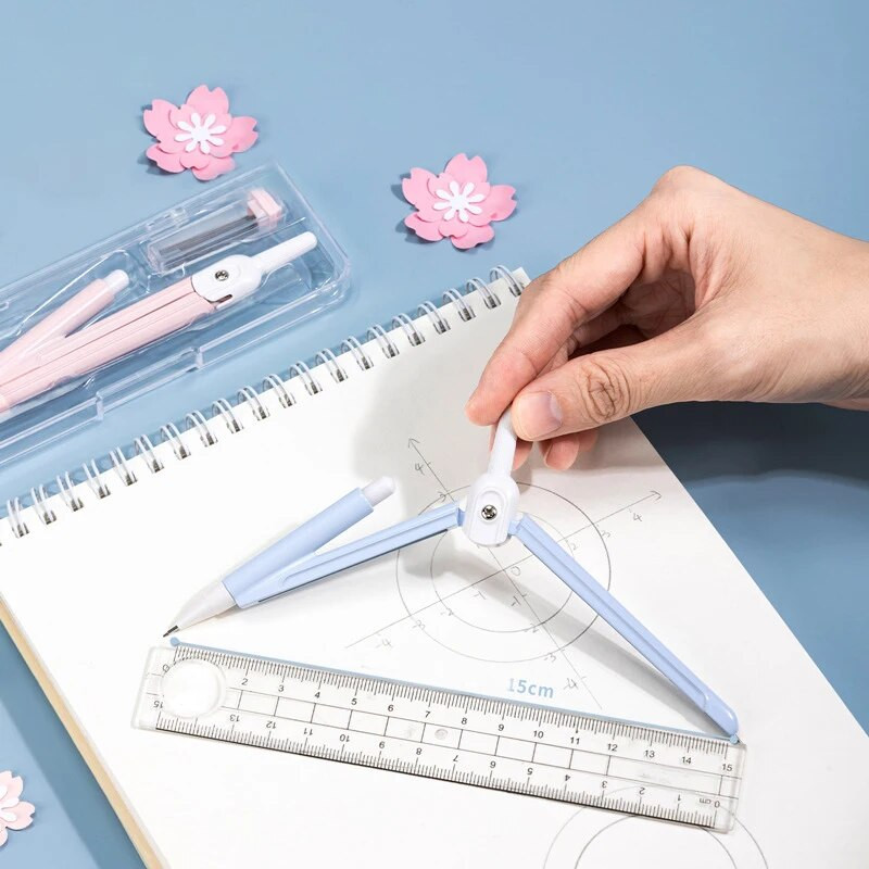 Jauki ķiršu ziedu sērijas metāla kompasi studentu matemātikas apļa zīmēšanas rīks, maināms svina serdeņa korejiešu kancelejas piederumu komplekts birojā