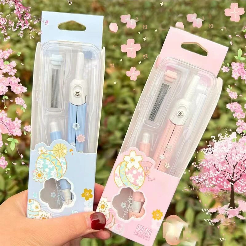 Jauki ķiršu ziedu sērijas metāla kompasi studentu matemātikas apļa zīmēšanas rīks, maināms svina serdeņa korejiešu kancelejas piederumu komplekts birojā