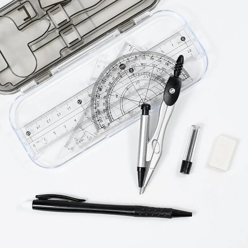 YG001kompasu komplekts 8 gab. kancelejas piederumu komplekts metāla kompasi lodīšu pildspalva zīmulis dzēšgumija lineāls pusloka transportieri.