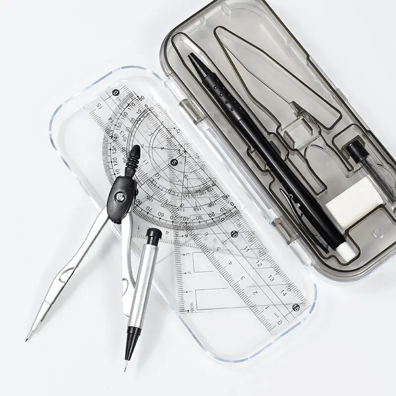 YG001kompasu komplekts 8 gab. kancelejas piederumu komplekts metāla kompasi lodīšu pildspalva zīmulis dzēšgumija lineāls pusloka transportieri.