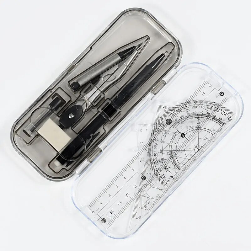 YG001kompasu komplekts 8 gab. kancelejas piederumu komplekts metāla kompasi lodīšu pildspalva zīmulis dzēšgumija lineāls pusloka transportieri.