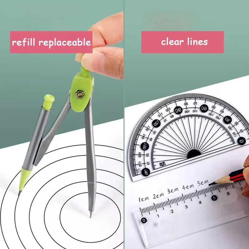 7 gab./komplekts Matemātiskie lineālu komplekts Daudzfunkcionāls profesionāls kompass Lineāls Zīmēšanas rīki Skolas piederumi Skolēniem Kancelejas preces