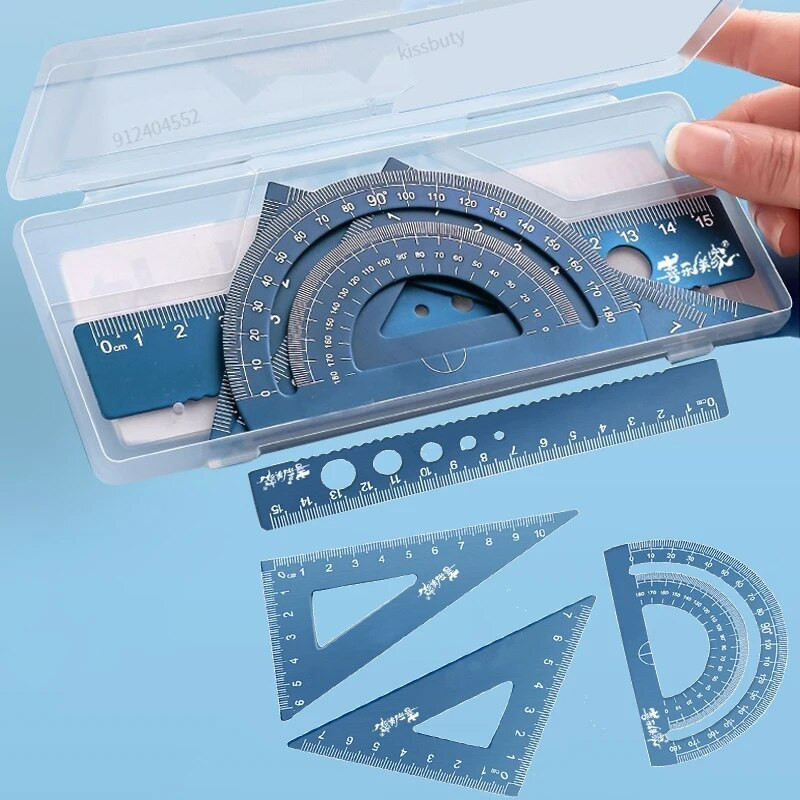 4 vienā alumīnija sakausējuma lineāls rakstāmpiederumu komplekts Alumīnija sakausējuma daudzfunkcionāls kombinētais lineāls trīsstūra transportierīce zīmēšanai